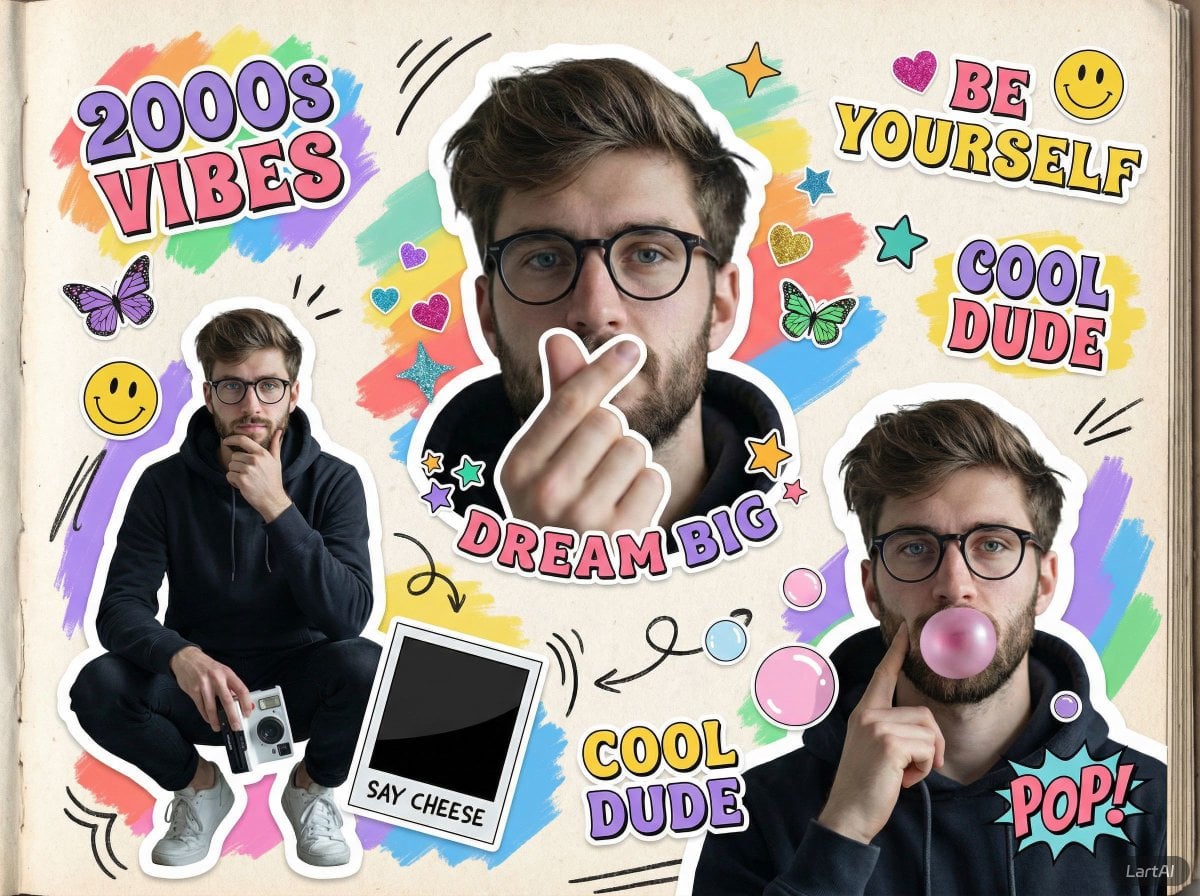 Een scrapbookstijl-collage van een jonge man in verschillende posities—centraal portret met ronde bril en zwarte hoodie die een vingerhartgebaar maakt, omgeven door uitknipbeelden met instantcamera en bubblegumblaasje, tegen een getextureerd papier met regenboogverfstrepen, tekeningen en stickers met de tekst "Jaren 2000 Vibes", "Droom Groot" en "Coole Gast"