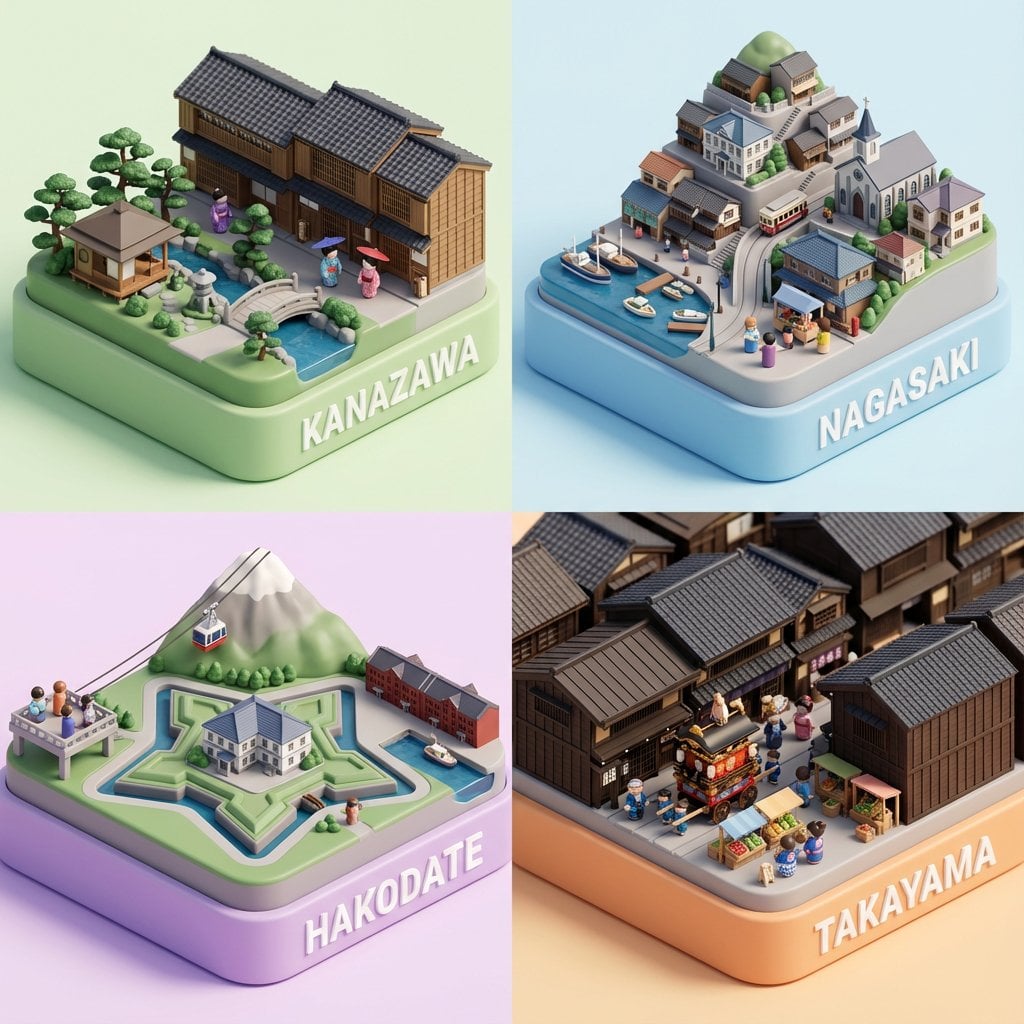 Ein 2x2-Raster aus Premium-Vinyl-Spielzeug-Stadt-Dioramen in isometrischer Ansicht, mit detllierten Architekturbauten mit geprägten Texturen, kleinen Peg-Figuren, regionalen Requisiten und pastellfarbenen Grundplatten mit geprägtem weißem Text, gerendert im Stil hochwertiger Sammlerstücke
