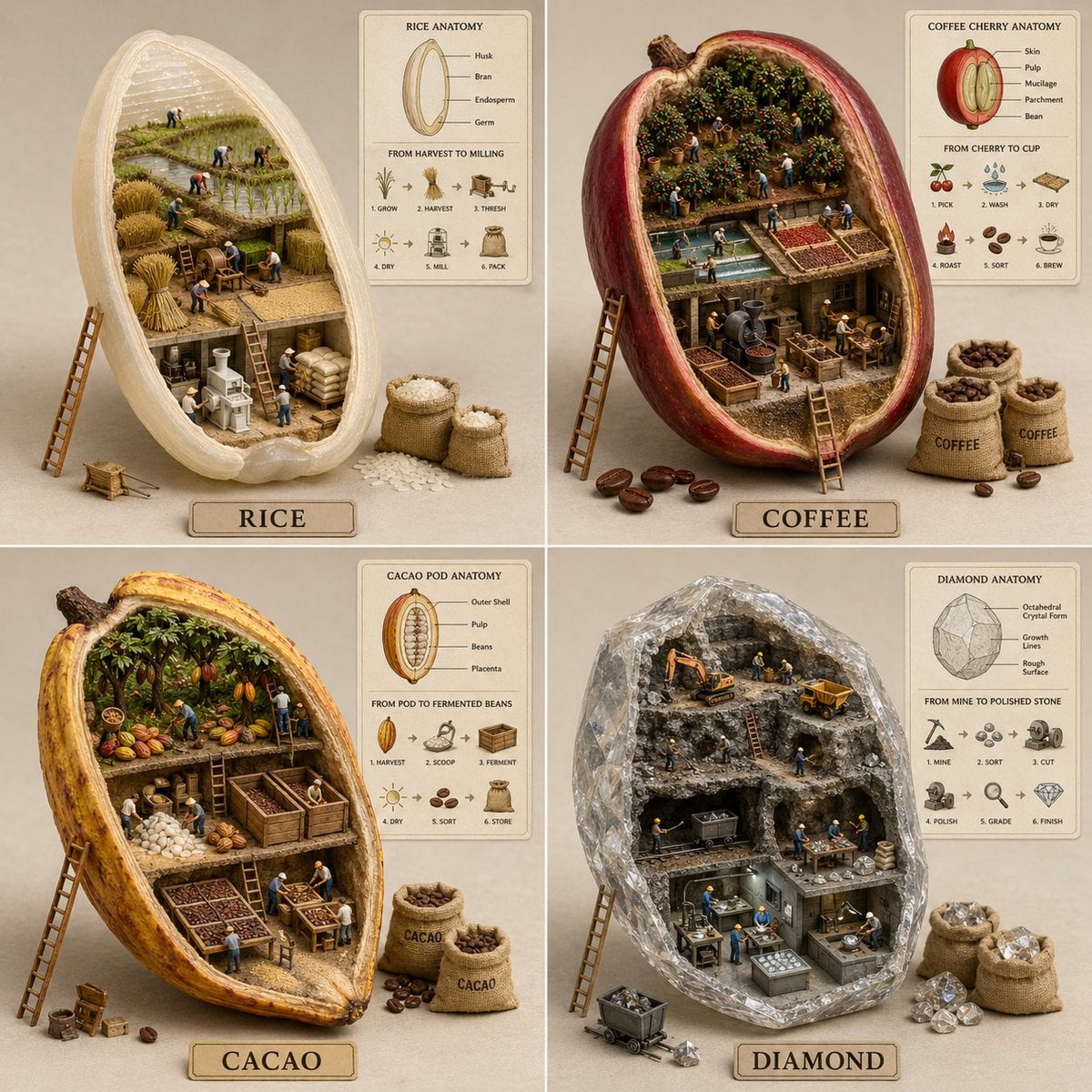 2x2 ruudustik lõigatud koostisosade diorama genereeritud pilt