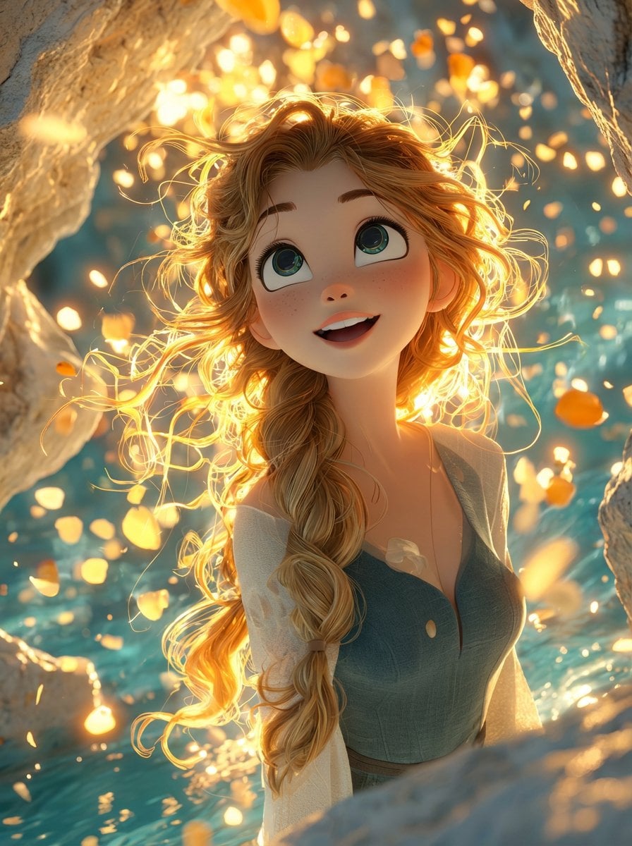 O fată animată 3D cu pistrui și păr împletit blond-căpșuniu, stând într-o peșteră magică cu apă turcoaz, înconjurată de petale de flori aurii plutitoare și particule de lumină, cu iluminare caldă din spate și bokeh delicat