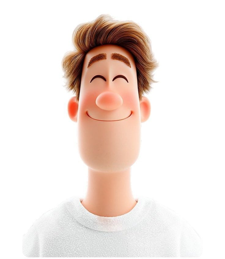 Temiz beyaz bir arka plan üzerinde neşeli, mutlu bir ifadeye sahip 3D render edilmiş erkek avatar, yumuşak yüz özellikleri ve dost canlısı tavırlarıyla Pixar'dan ilham alan stilize tasarımıyla öne çıkıyor