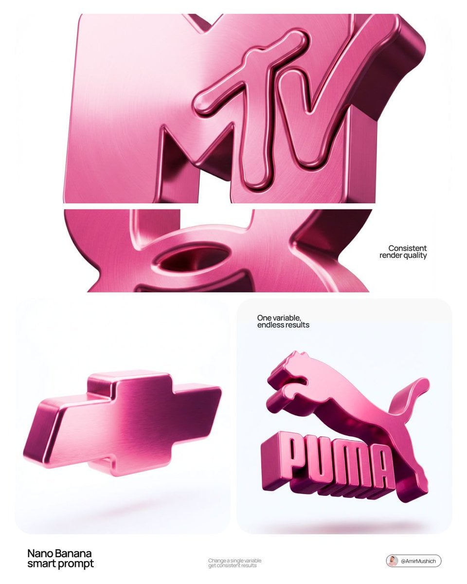 Un logotip de marca escultòric 3D renderitzat amb acabat metàl·lic rosa, que levita en un esp totalment blanc amb llum d'estudi suau que crea gradients suaus de rosa a pruna per tota la superfície de metall raspallat