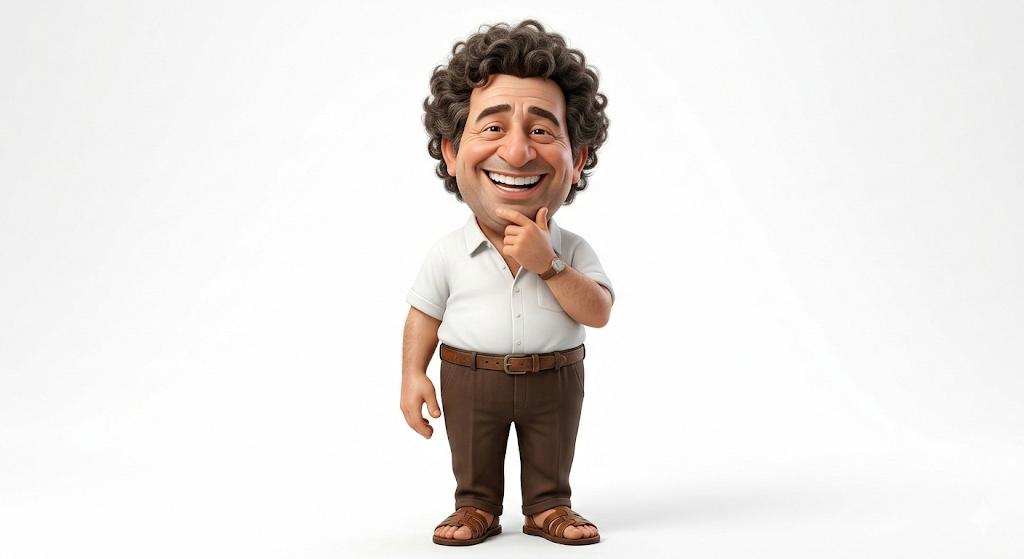 Büyük kafalı, kıvrık saçlı neşeli bir erkeğin 3D karikatürü; beyaz gömlek ve kahverengi pantolon giymiş, beyaz arka plan önünde düşünceli bir pozda bir eli çenesine değmekte