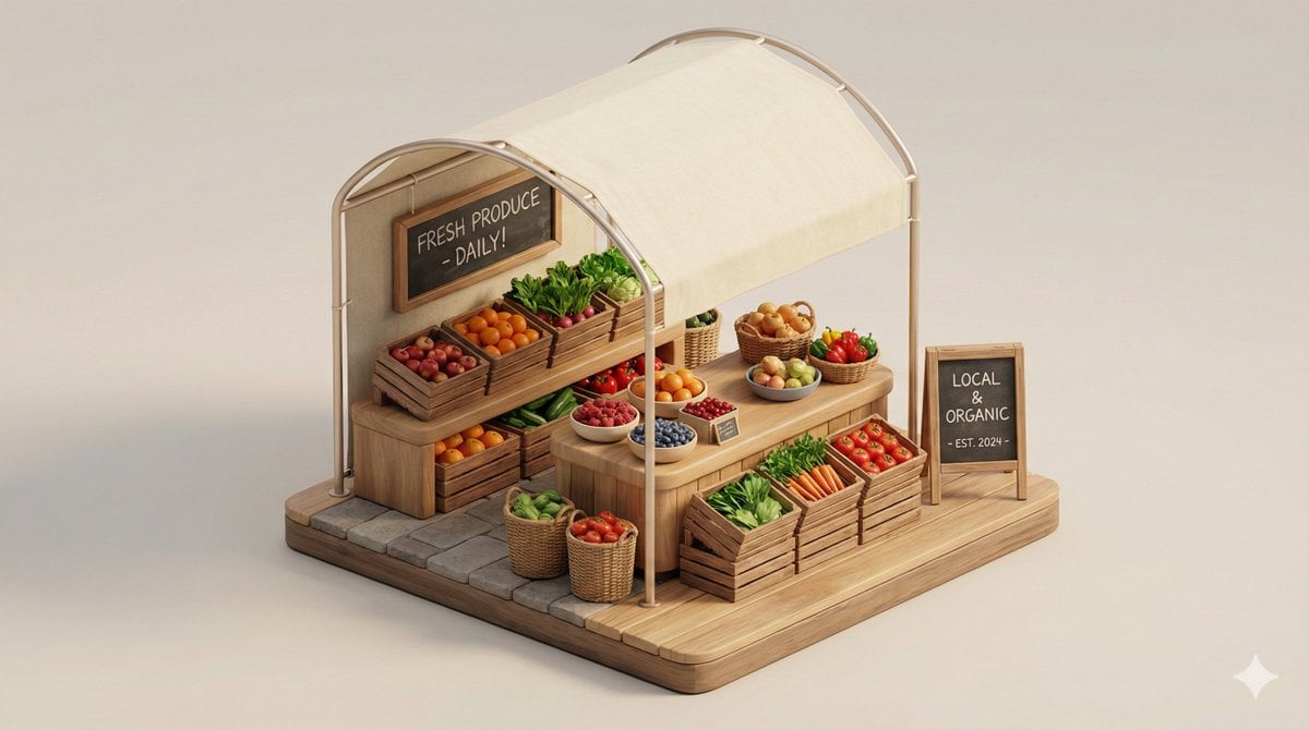 Et rent 3D isometrisk diorama som viser en urban detaljhandelsbutikkfasade med displayskrank, opphøyet plattform, enkel markisetak, diskrete skilt, glatte overflater i miniatyrarkitektonisk modellstil med myk studiobelysning mot et nøytralt bakgrunn