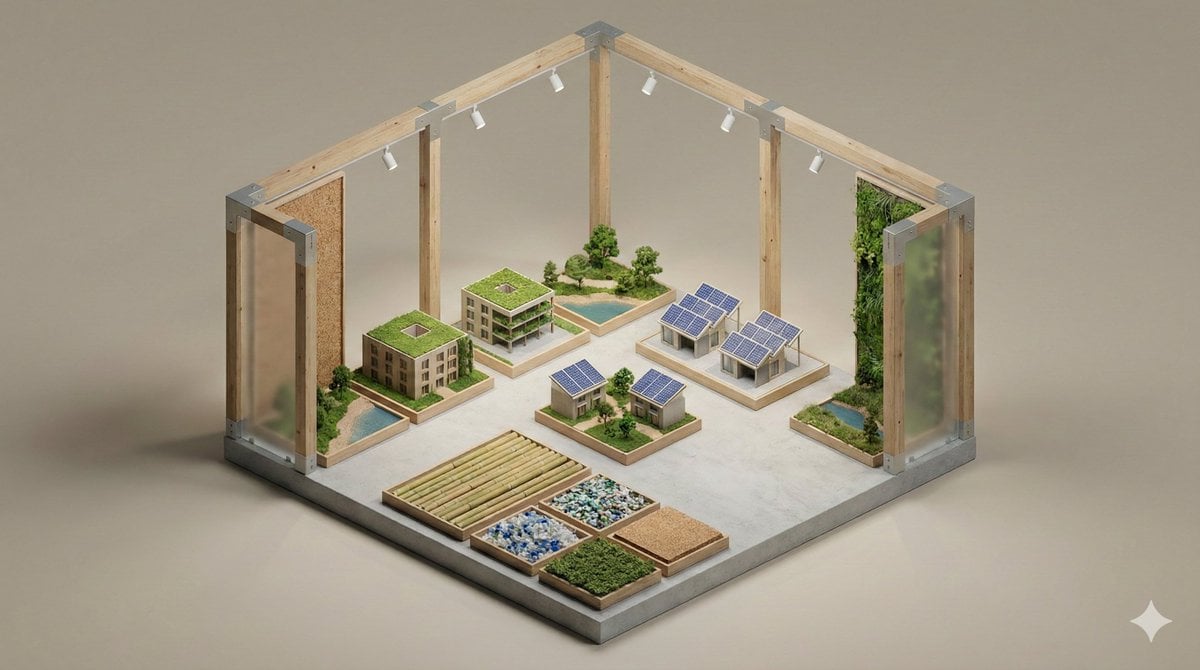 Diorama miniature isométrique 3D épuré montrant un aménagement de présentation pour exposition avec des objets disposés dans une structure de pod élégante, un éclrage de studio doux, des sols lisses, des matériaux réalistes à bords arrondis et un fond neutre, dans un style de modèle architectural miniature