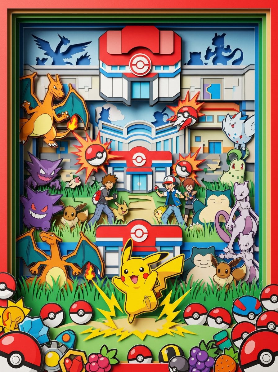 3D Papierknipsel Pokemon Diorama -gegenereerde afbeelding