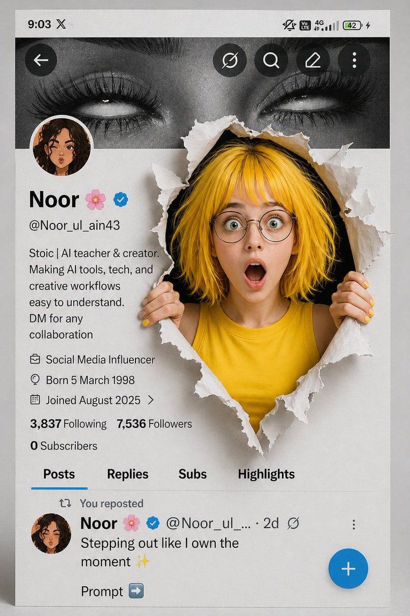 Een creatieve 3D-fotomanipulatie van een jonge vrouw met kort geel haar en een ronde bril die door een gescheurd papieren effect in een sociale media profielinterface breekt, waarbij ze met beide handen de gescheurde schermranden vasthoudt terwijl een donkere achtergrond zichtbaar wordt door de scheur