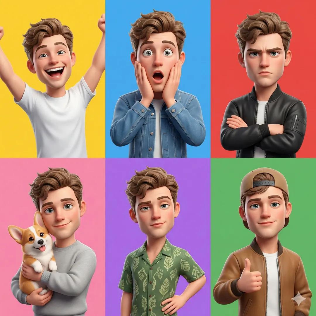 3D postava v štýle Pixaru, 6 panelová mriežka výrazov, generovaný obrázok