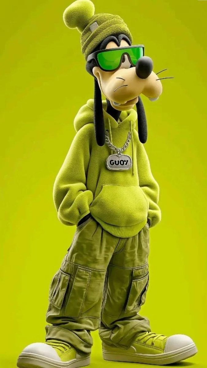 Renderització en 3D de cos complet d'un personatge de gos de dibuixos animats que porta una sudadera amb caputxa oversized de verd neó, pantalons de càrrega, sabatilles gruixudes, ulleres de sol reflectants i un collaret de cadena de plata, dret en una posa relaxada i confiada amb les mans a les butxaques sobre un fons d'estudi llis de verd llimona