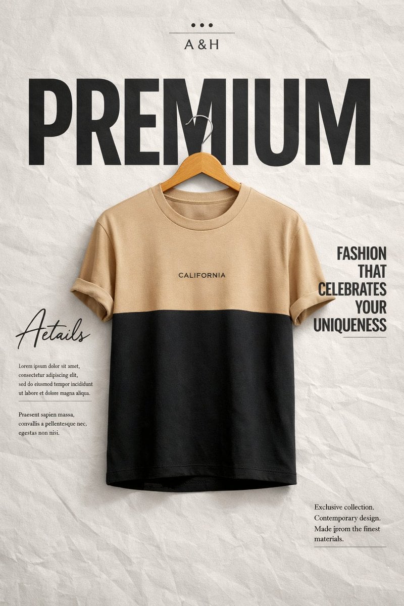 Un pòster publicitari de moda de gamma alta que mostra una samarreta de dos tons en beix i negre penjada d'un penjador de fusta, exposada sobre un fons gris texturat amb tipografia PREMIUM en negreta i la marca A&H en un estil de disseny de revista editorial