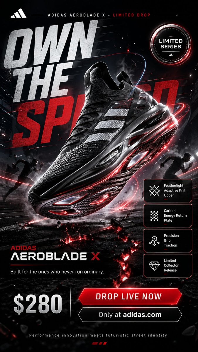 Ein vertikales Werbeplakat mit einem schwebenden Adidas Aeroblade X Sneaker über einer schwarzen Laufbahn mit leuchtenden Energiespalten, umgeben von wirbelnden Neon-Lichtspuren, mit unscharfen Läufer-Silhouetten im Hintergrund und kräftiger Typografie mit der Aufschrift OWN THE SPEED