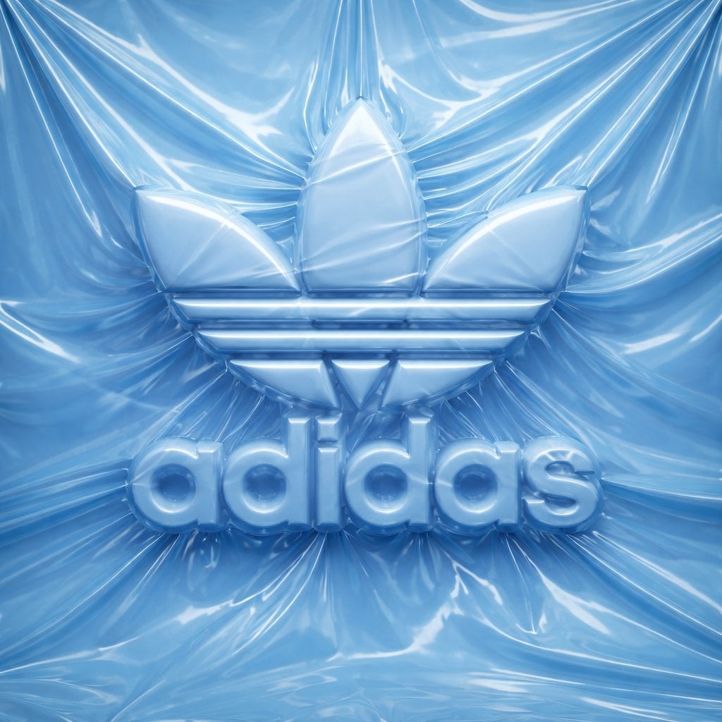 Logo Adidas Original úplne pokryté natiahnutou plastovou fóliou, vyzerajúce ako objemná trojrozmerná socha s viditeľnými napínacími líniami a záhybmi, monochromatická farebná schéma značky s lesklými odleskami a hĺbkou tieňov