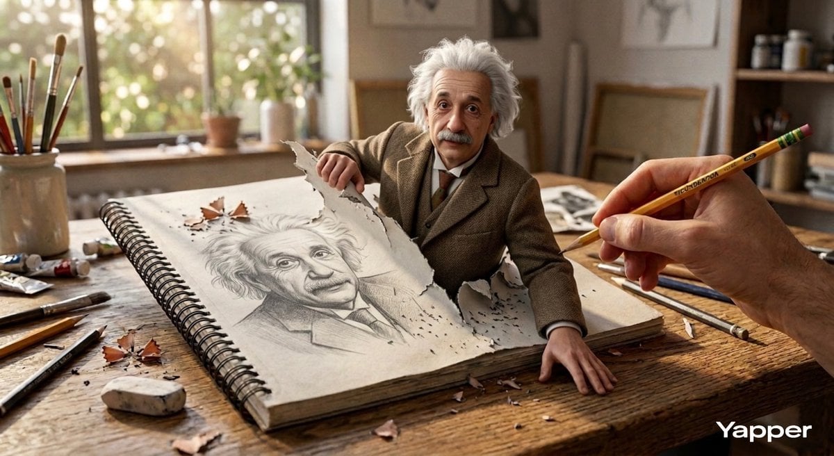 Albert Einstein som kommer ut av skissebok i kunstnerstudio -generert bilde