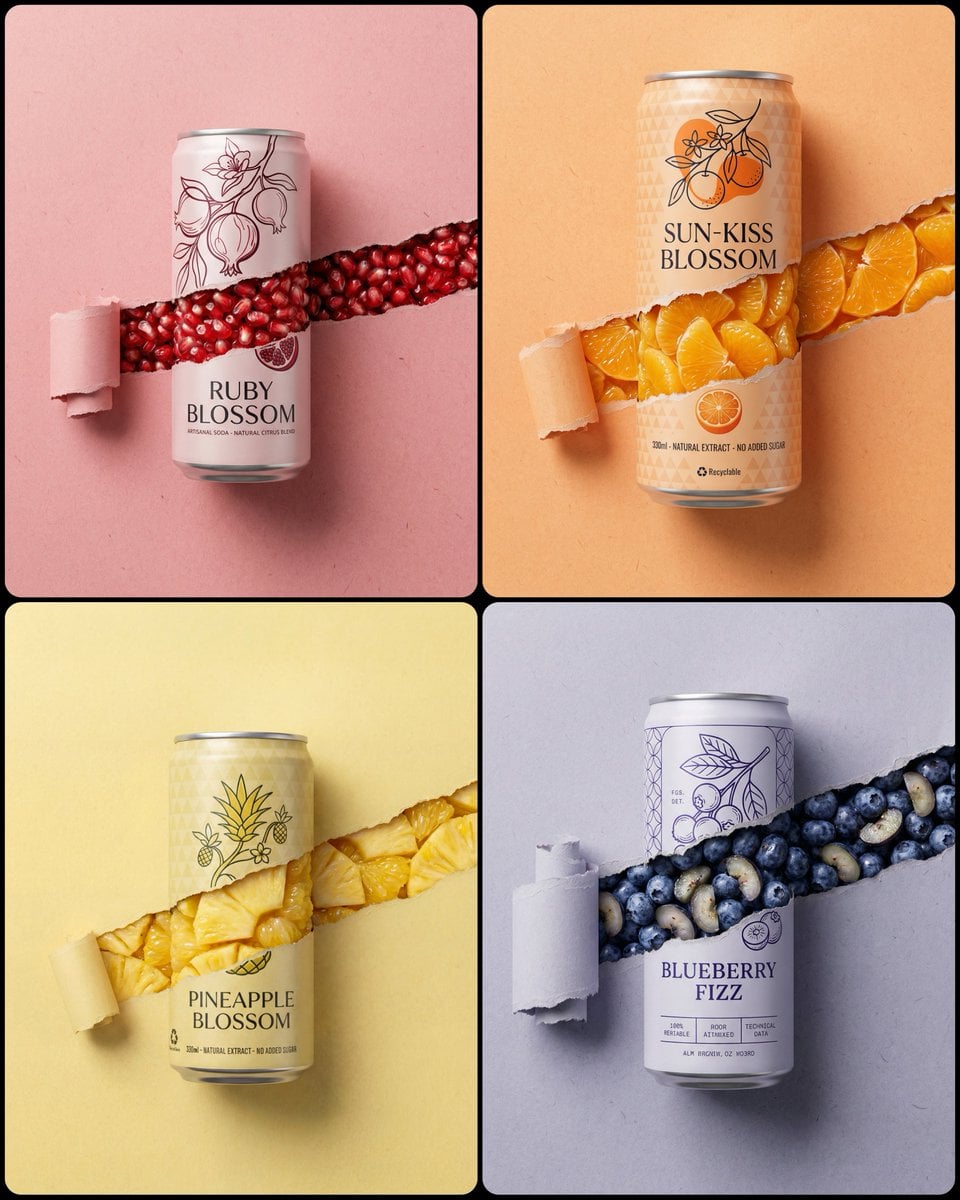 Obraz wygenerowany przez przedstawiający aluminiową puszkę napoju gazowanego z rozdartym papierem i owocami
