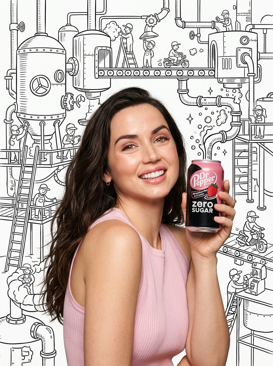 Una fotografia realista d'Ana de Armas amb la pell radiant i la cabellera fosca i llarga, somrient amb força mentre subjecta una llauna de Dr Pepper Freses i Nata Sense Sucre prop de la seva cara, amb un fons de línia art de fàbrica de refrescs en blanc i negre i fantàstic amb canonades, dipòsits i treballadors de dibuixos animats, il·luminació d'estudi brillant, estil de mitjans mixtos
