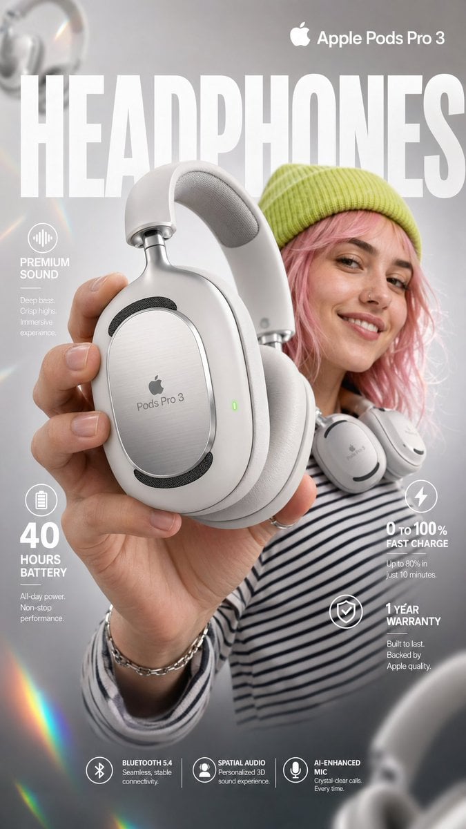 Infografika e-commerce do słuchawek nausznych Apple Pods Pro 3, obraz wygenerowany przez