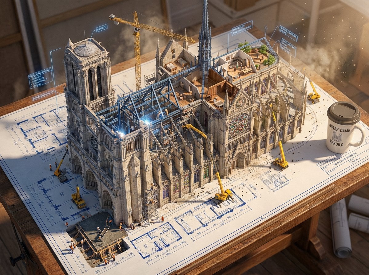Escena en 3D fotorrealista que mostra un plànol arquitectònic sobre una taula de dibuix que es transforma en un lloc de construcció en funcionament, amb línies de tinta blaves que s'xequen per convertir-se en bigues d'acer, plànols de planta que es converteixen en habitacions moblades i múltiples fases de construcció visibles simultàniament, incloent treballadors, grues i bastides