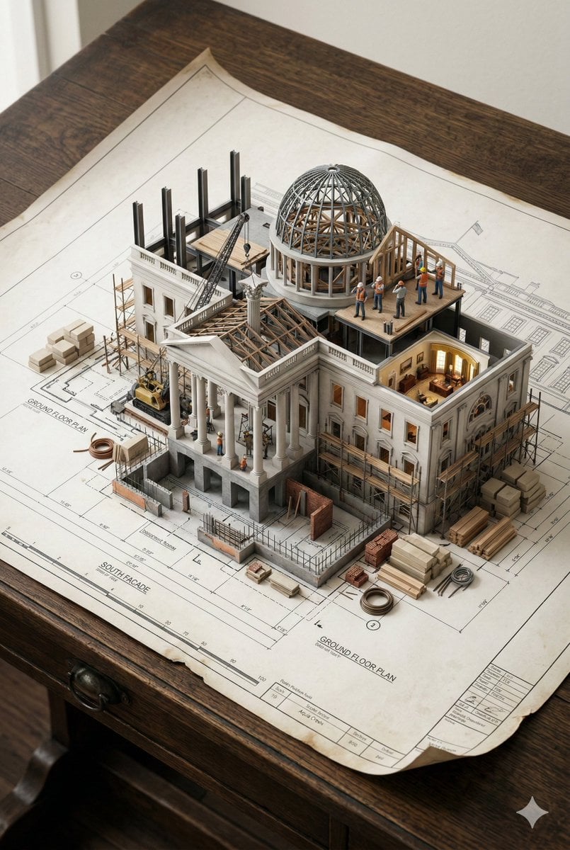 Imatge generada per IA de plànol arquitectònic amb construcció en miniatura que emergeix