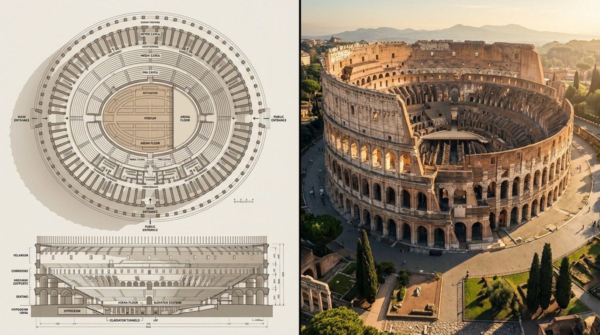 Imatge generada per IA de la composició dividida entre plànol arquitectònic i monument aeri