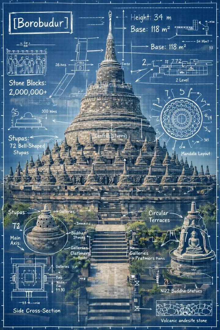 Architektonische Wahrzeichen Bauplan-Infografik, KI-generiertes Bild