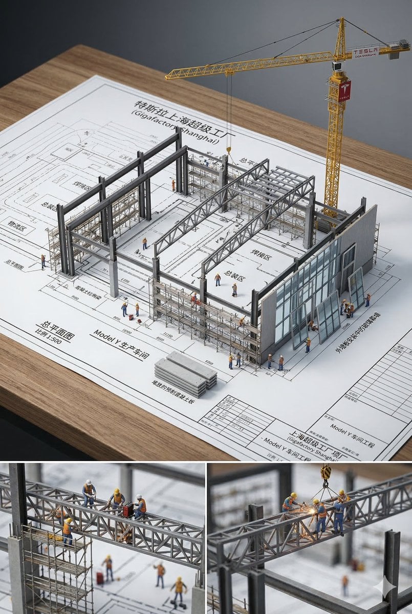 Una escena fotorrealista d'un edifici en miniatura en construcció que sorgeix d'un plànol arquitectural sobre una superfície, amb bigues d'acer que s'alcen de les línies dibuixades i andamis que s'enfilen pel paper, il·luminació suau d'estudi, profunditat cinematogràfica