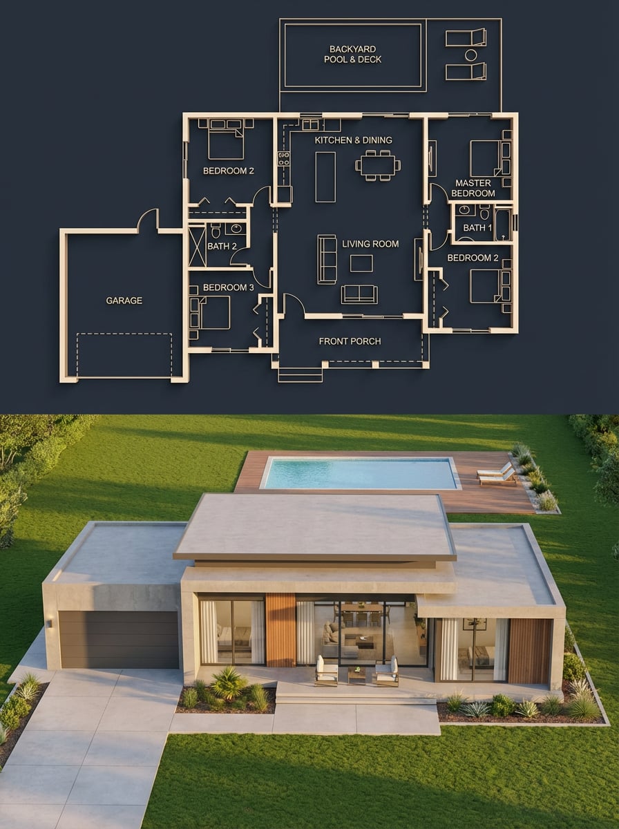 Imatge vertical dividida que mostra un plànol arquitectònic fosc a la part superior i una casa moderna fotorrealista a la part inferior, amb línies daurades brillants, parets de formigó, detalls de fusta, finestres de vidre, terrat pla, garatge, piscina i entorn suburbà durant l'hora daurada