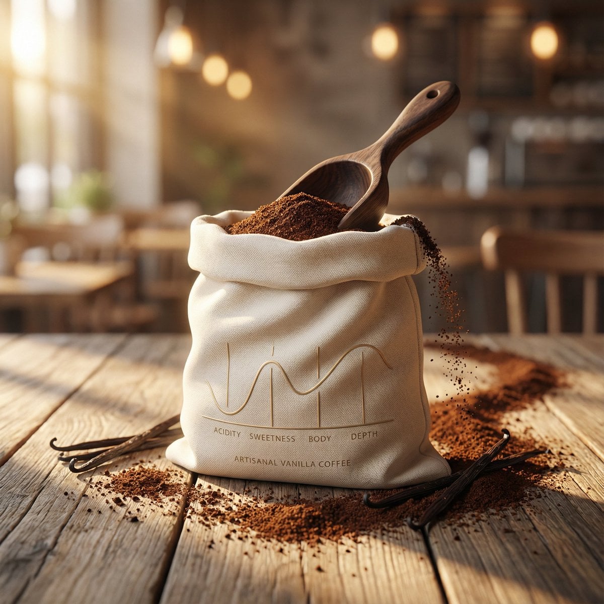 Artisanal Vanilla Coffee Ivory Pouch Morning Tabletop