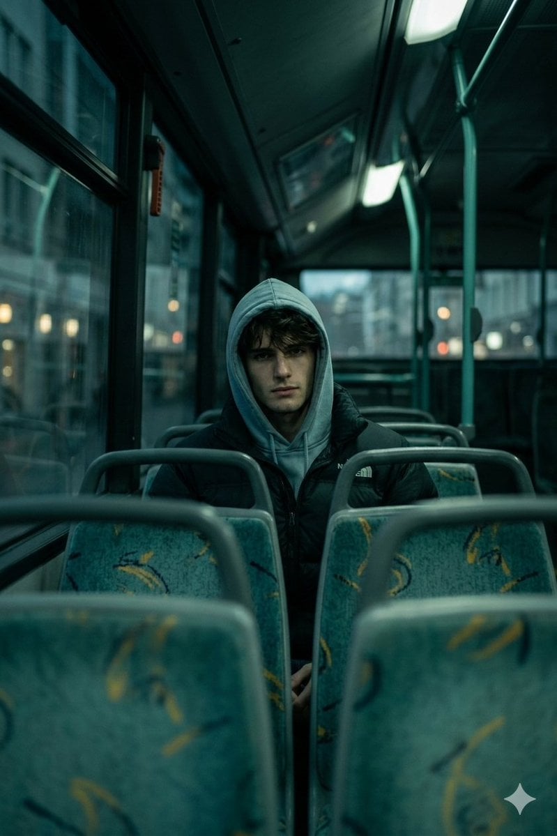 Atmospheric Cinematic Bus Interior Man Looking Back