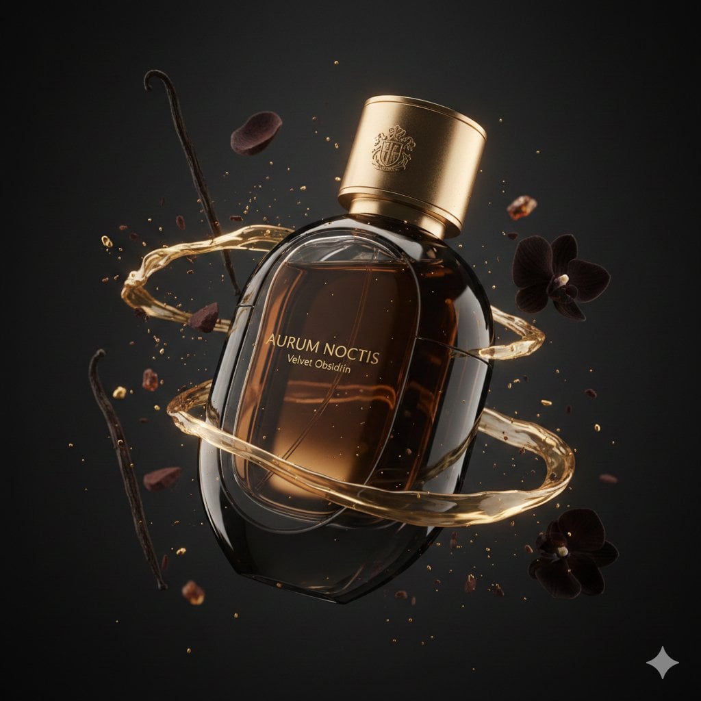 Imatge generada per IA de la campanya de perfum Velvet Obsidian d'Aurum Noctis
