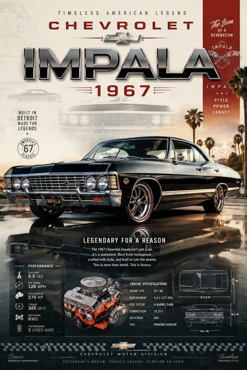 En premium bilplakat med en dynamisk bil i tre-kvarters sideprofil med aggressiv holdning, markant typografi der viser performance specifikationer, racing-inspirerede baggrundselementer med blueprint linjer og hastighedsgrafik, lyse premium farver og cinematografisk belysning i en højend reklamestil