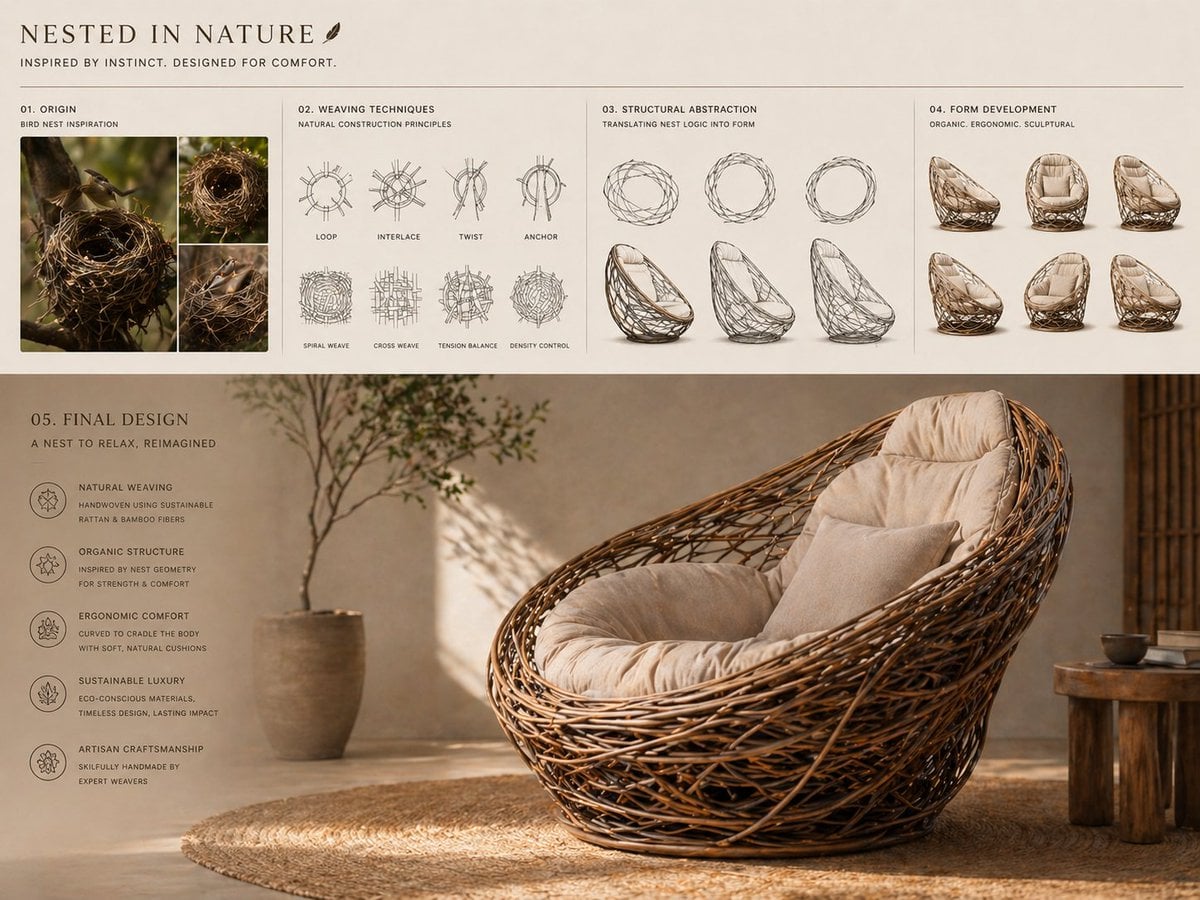 Una disposició de presentació que mostra un disseny de butaca de descans inspirada en niu d'ocell, amb esbossos a la part superior i una renderització a la inferior, amb una estructura de fibres naturals entrellaçada, coixins suaus en tons terrosos, il·luminada amb llum natural càlida