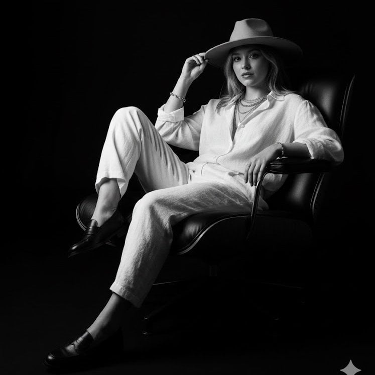 Schwarz-Weiß Studio-Porträt einer Frau mit Fedora im Chiaroscuro-Stil, KI-generiertes Bild