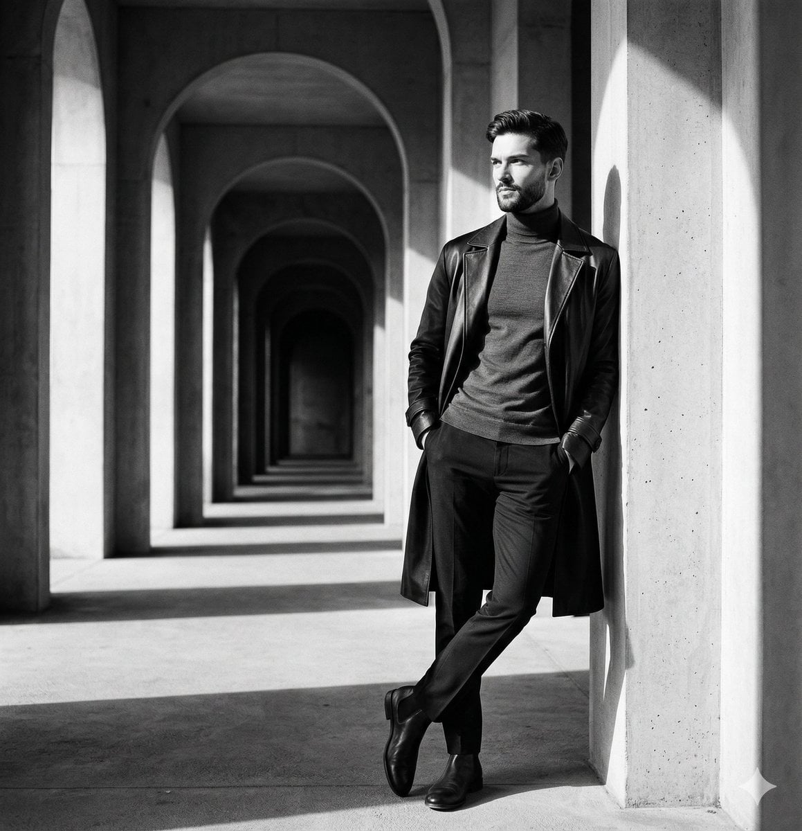 O fotografie editorială de modă alb-negru cu un tânăr în guler rulat negru și trench coat din piele, sprijinindu-se de un stâlp din beton într-o colonadă nesfârșită cu arcade repetitive, iluminare laterală dramatică ce creează umbre geometrice