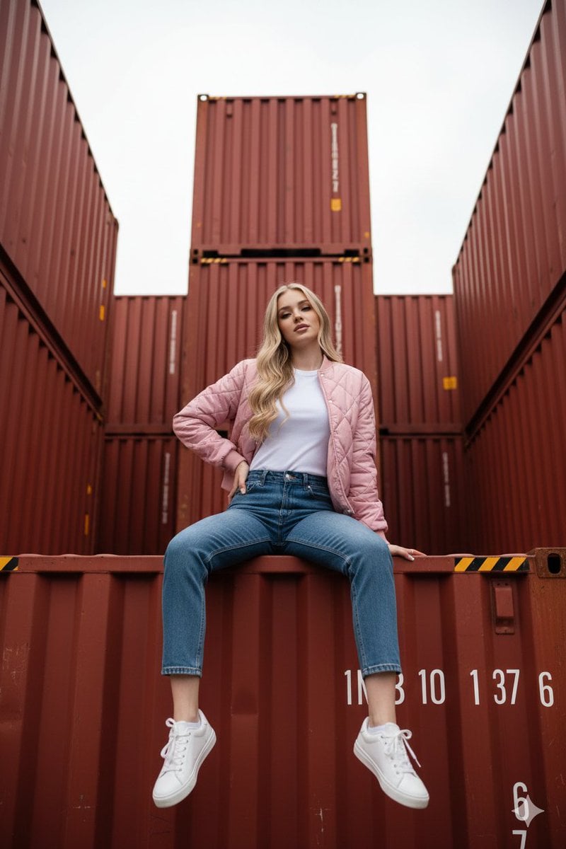 Blonde Woman Red Shipping Container Low Angle