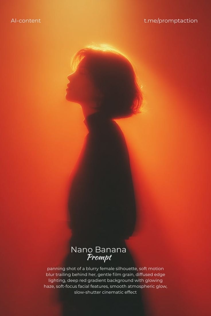 Eine filmische Schwenkaufnahme einer weiblichen Silhouette mit weicher Bewegungsunschärfe, die hinter ihr herzieht, weichgezeichneten Gesichtszügen, tiefrotem Farbverlaufshintergrund mit leuchtendem Schleier, sanftem Filmkorn und atmosphärischem Langzeitverschlusseffekt