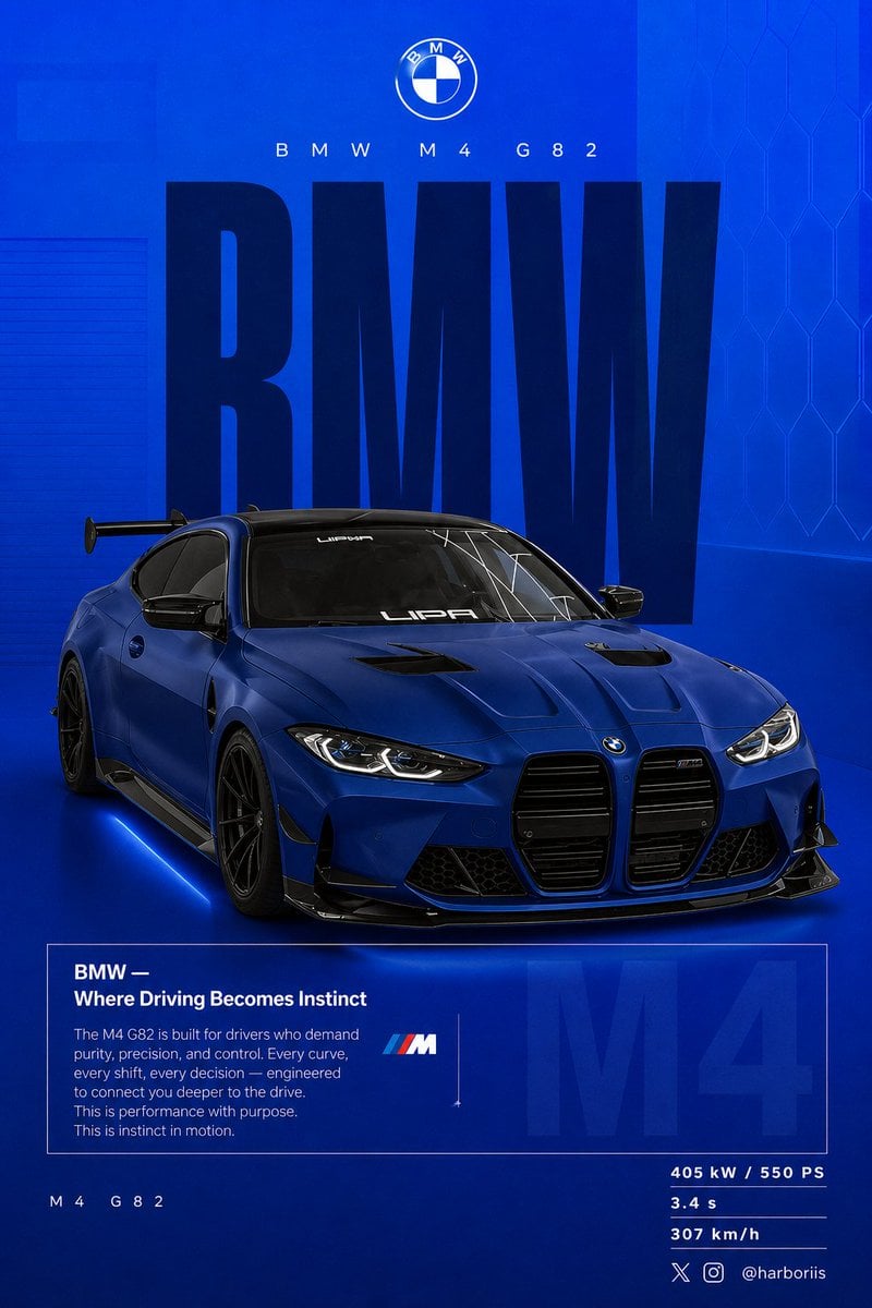 Imagem gerada por IA do Pôster Social do BMW M4 G82 Azul Profundo