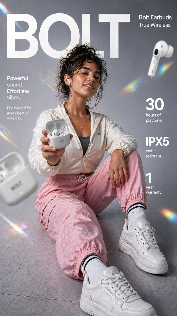 Imatge generada per IA de l'anunci d'estil de vida premium dels auriculars True Wireless Bolt