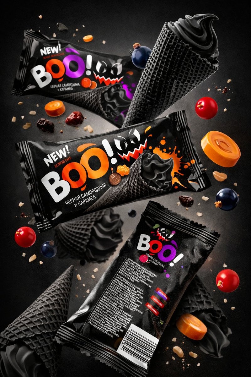 Fotografia professional de producte d'estudi que mostra paquets de snacks negres brillants de la marca BOO! flotant en angles diferents amb cucurutxos de gelat, bes i caramels de caramell dispersos al voltant, fons fosc amb il·luminació d'estudi suau