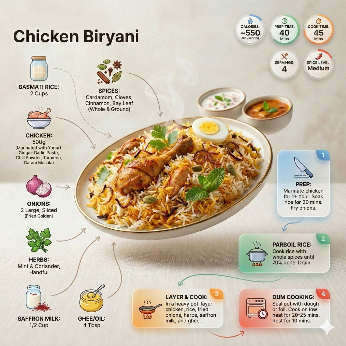 Imatge generada per IA d'infografia de recepta de briyani