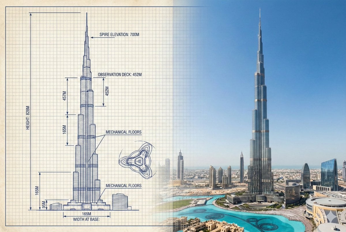Burj Khalifa Skizze Foto Vergleich KI-generiertes Bild