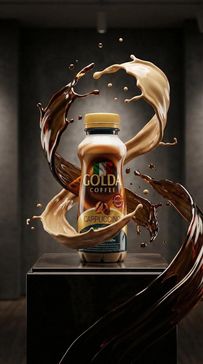Imatge generada per IA de l'anunci de luxe de botella de cafè cappuccino amb esplments cinematogràfics