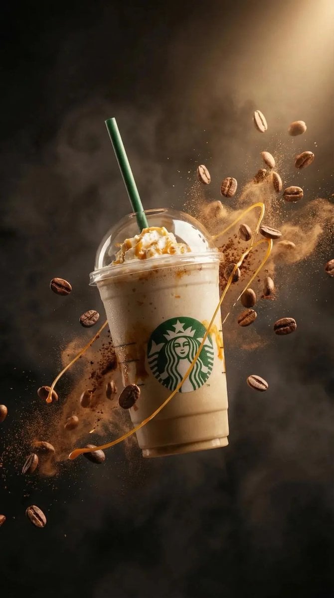 KI-generiertes Bild eines Karamell-Frappuccino mit schwebenden Kaffeebohnen-Spritzern