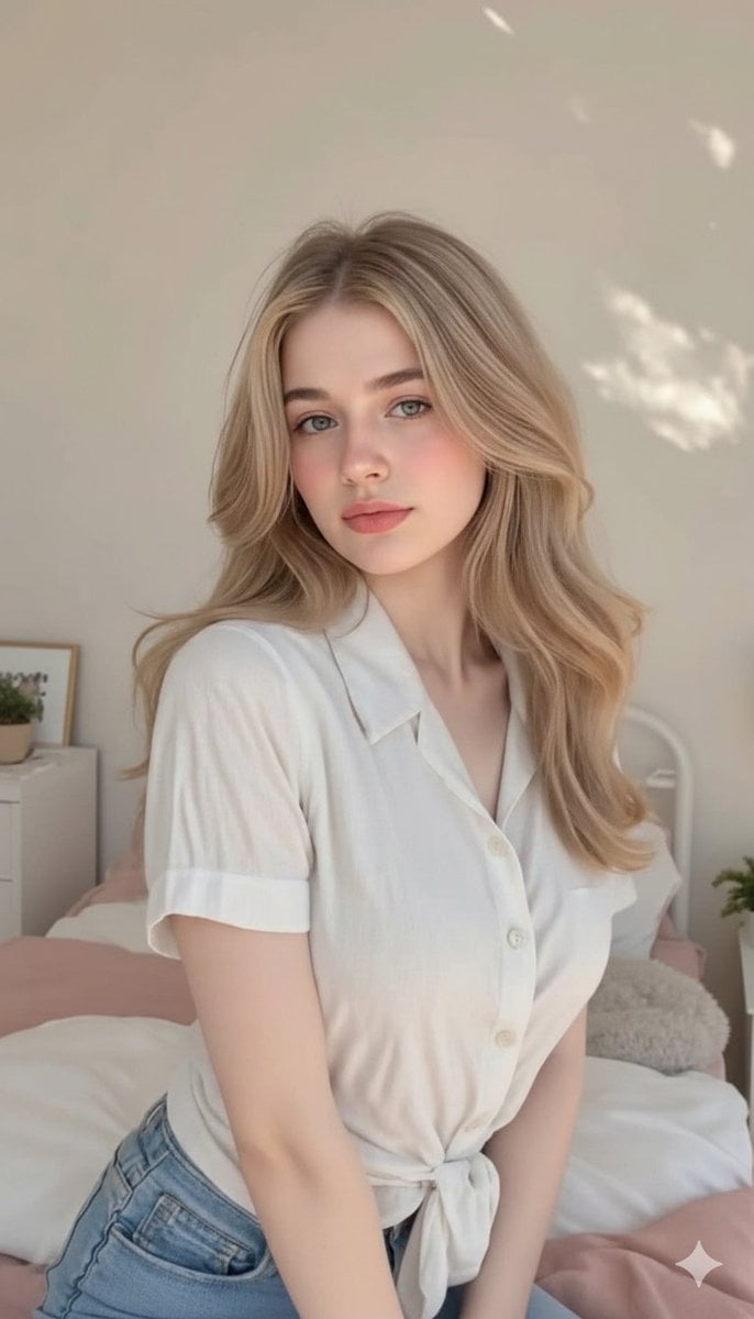 KI-generiertes Bild: Lässige blonde Frau im Schlafzimmer-Lifestyle