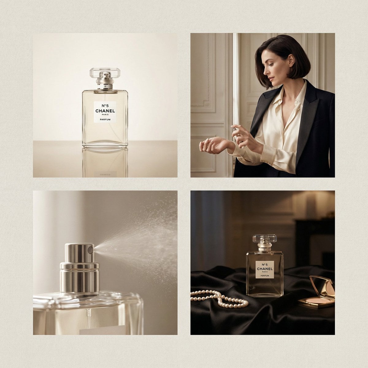 Reklama luksusowych perfum Chanel w siatce – Paryska Elegancja, obraz wygenerowany przez