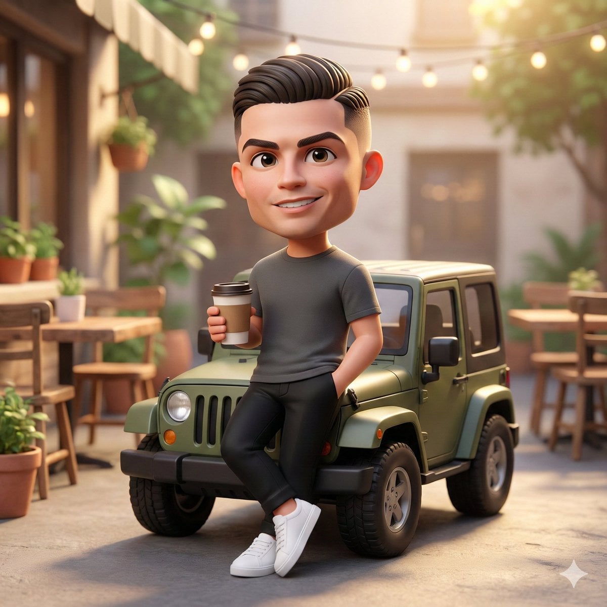 Chibi Personaj Cafenea Curte Jeep imagine generată de