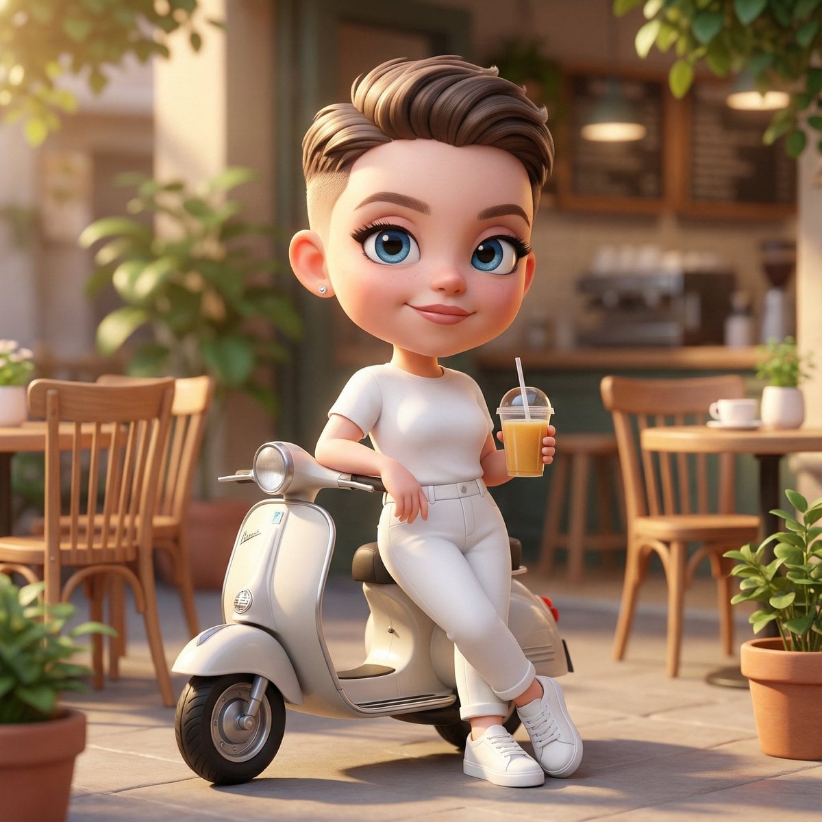 Chibi Character Scooter Cafe Courtyard Pixar