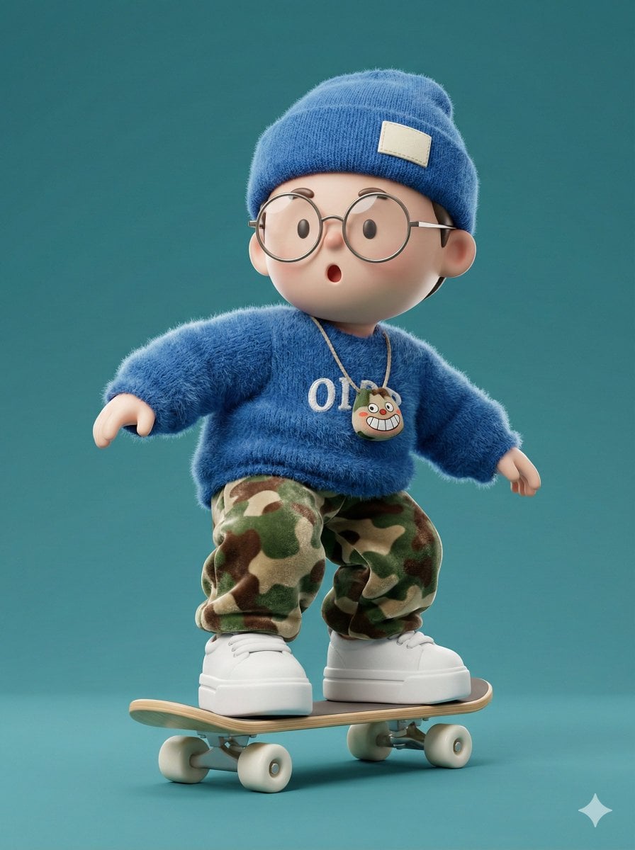 3D-renderirani chibi dječak na skateboardu u dinamičnom položaju s iznenađenim izrazom lica, koji nosi prevelike naočale sa žičanim okvirom, dlakavi plavi sweater s natpisom, kapašicu, kamuflažne hlače, debele tenisice i torbicu za ogrlicu na tirkiznoj pozadini