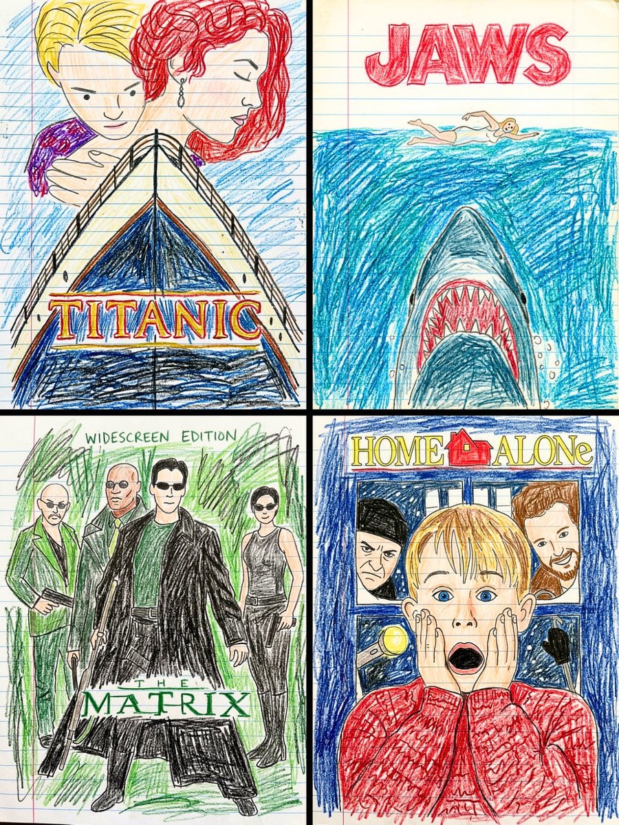 Imagen generada por IA de Cuaderno de Líneas con Póster de Película Dibujado con Crayones por un Niño