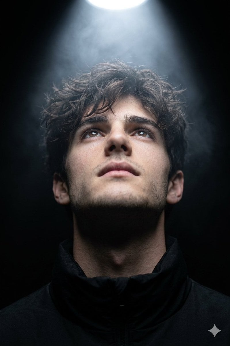 Eine Nahaufnahme-Portrtfotografie einer Person in einer schwarzen Jacke mit hohem Kragen, die nach oben blickt mit halb geöffneten Augen zu einem kühlen weißen Deckenstrahler. Dramatisches Licht von oben modelliert das Gesicht vor einem tiefschwarzen Hintergrund, während weicher volumetrischer Nebel einen subtilen Lichtstrahl bildet