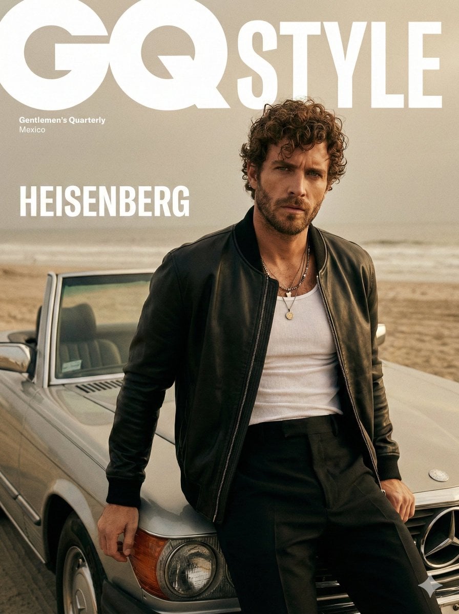 KI-generiertes Bild zum filmischen Modeeditorial mit männlichem Model am Strand im GQ-Stil